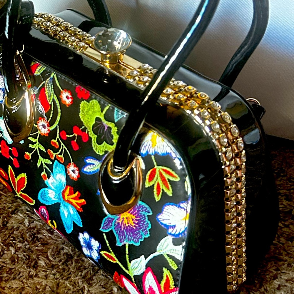 Floral & Giant Rhinestone Frame Satchel Hardshell Purse Crossbody Medium-Large - Picture 1 of 7